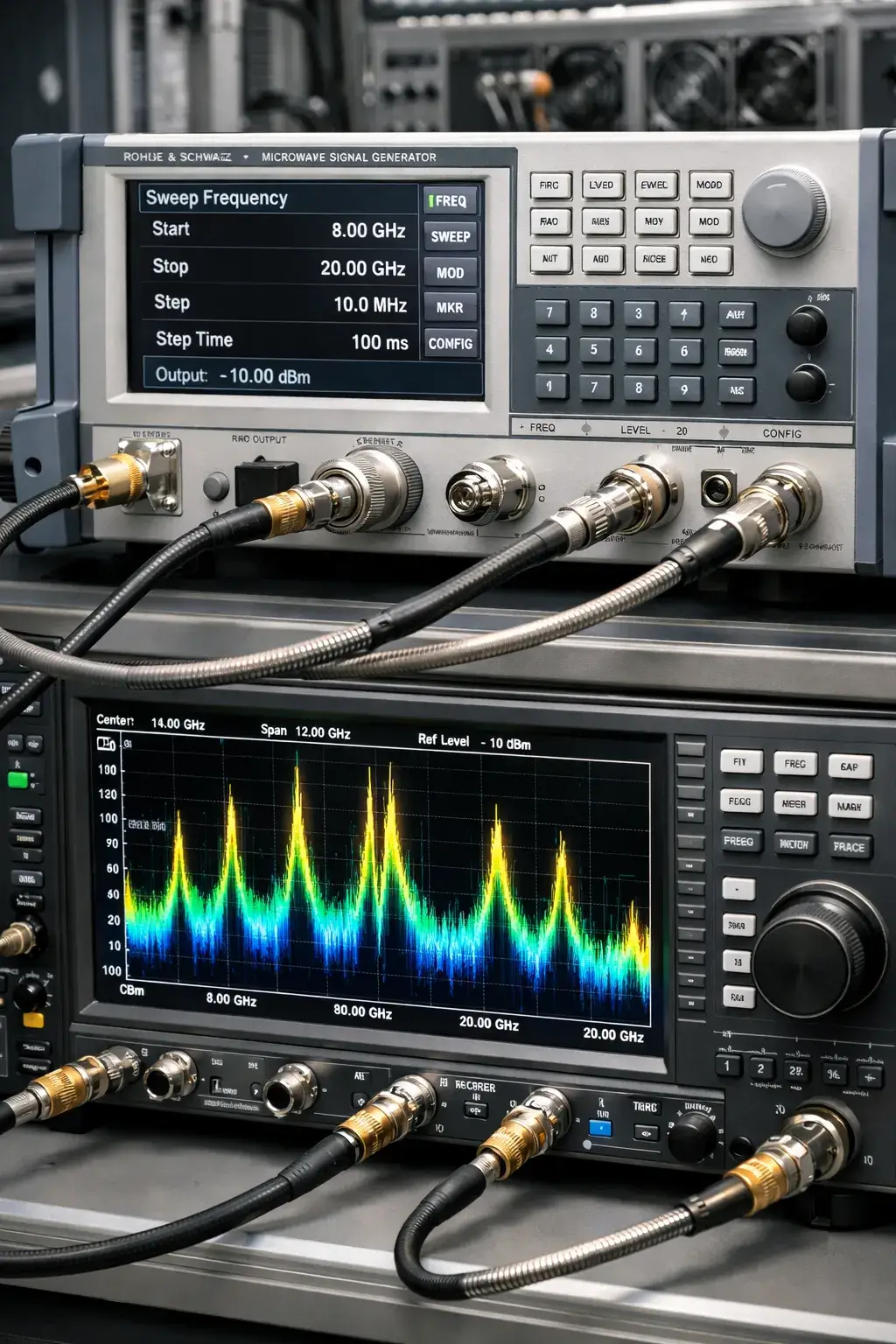 Microwave signal generator and analyzer setup in a lab