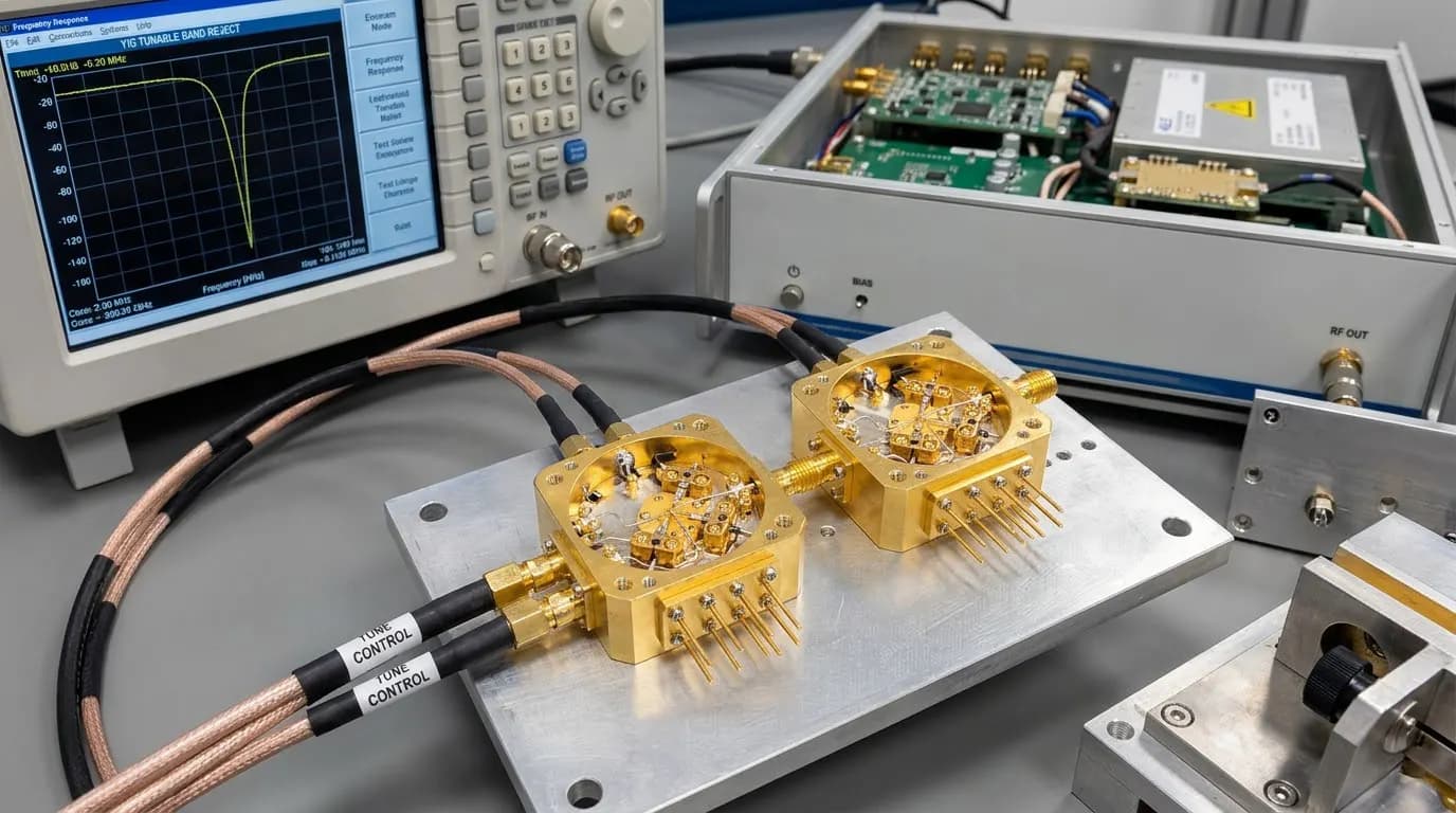 YIG tunable band reject filter in a system environment