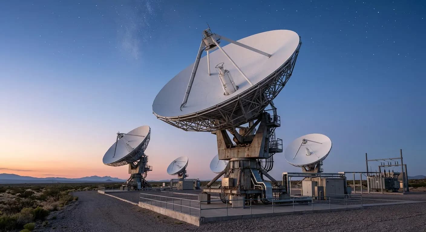 Satellite communications ground station at dusk