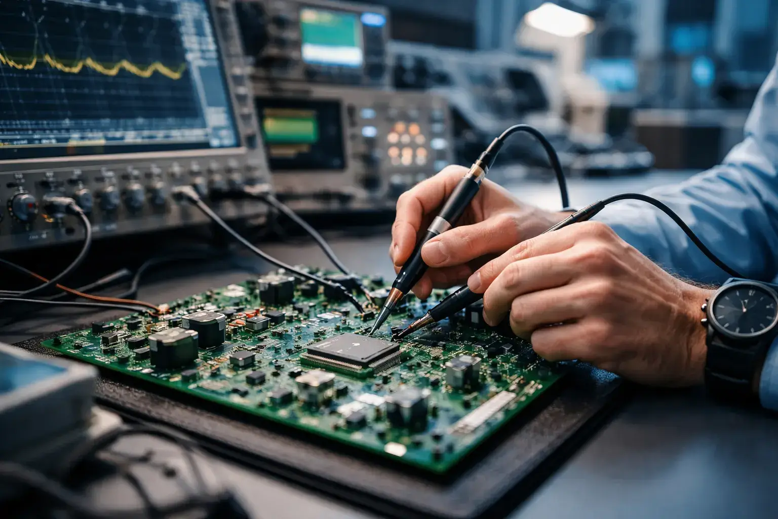 Microwave hardware being tested on a circuit board workbench